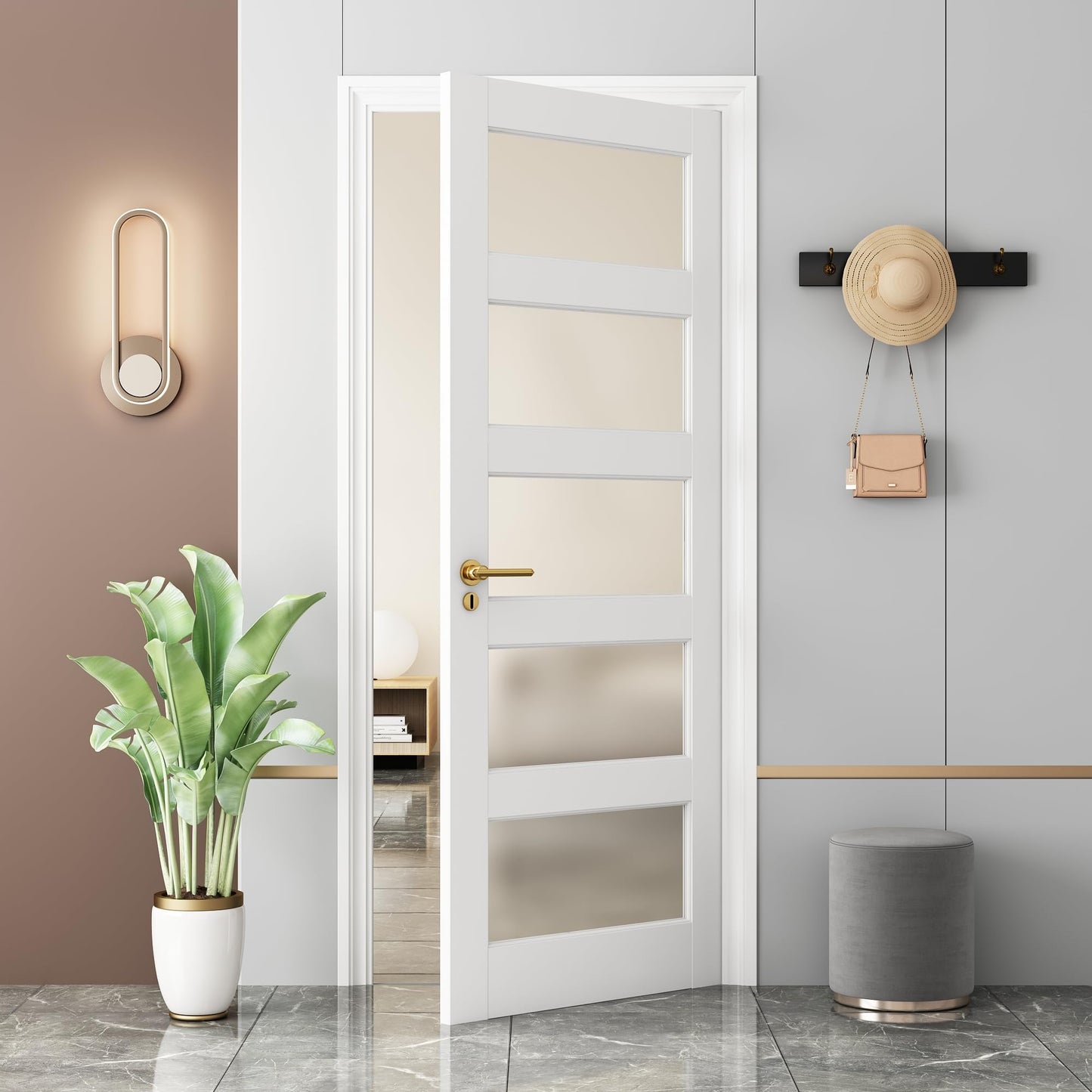 24"x 80" 5-Lite Frosted Glass French Interior Slab Door, Solid Core Wood with MDF Door Panel for Bedroom Closet Laundry Pantry Bathroom White Pre-Finished Surface Paintable, w/o Hardware