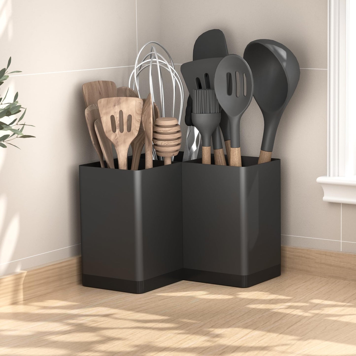 Suli Utensil holder, Kitchen Utensil Organizer for Corner Countertop,Extra Large Silverware Organizer with 3 Compartments,Farmhouse Decor, Iron, Black