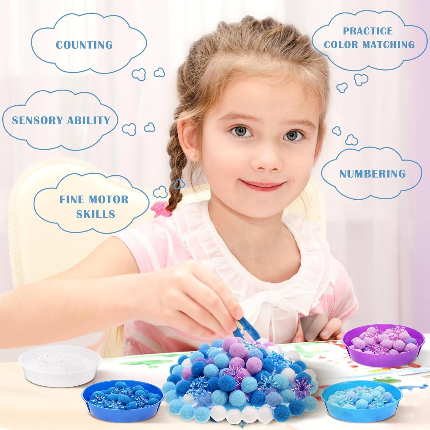Skiennix Winter Sensory Bin - 208 Pcs Frozen Snowflake Counting & Sorting Filler for Kids