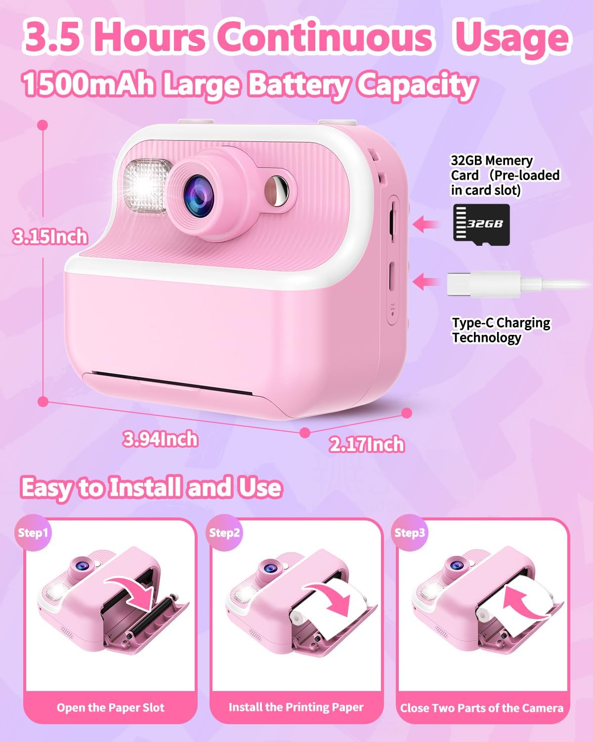 TKECWOB 3-12, 1080P 4 5 6 7 8 9 10 3 32GB Kids Camera Instant Print, Christmas Birthday Gifts for Kids Instant Print