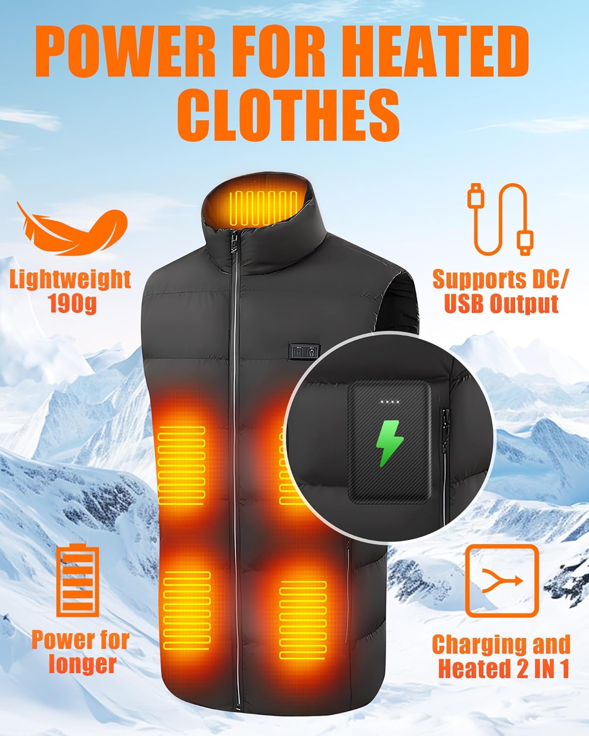 CYCYHEAT 10000mAh Pack 5V2A Pack 5V2A 10000mAh) Battery for Heated Vest Jacket Coat Pants and Heating Underwear, Heated