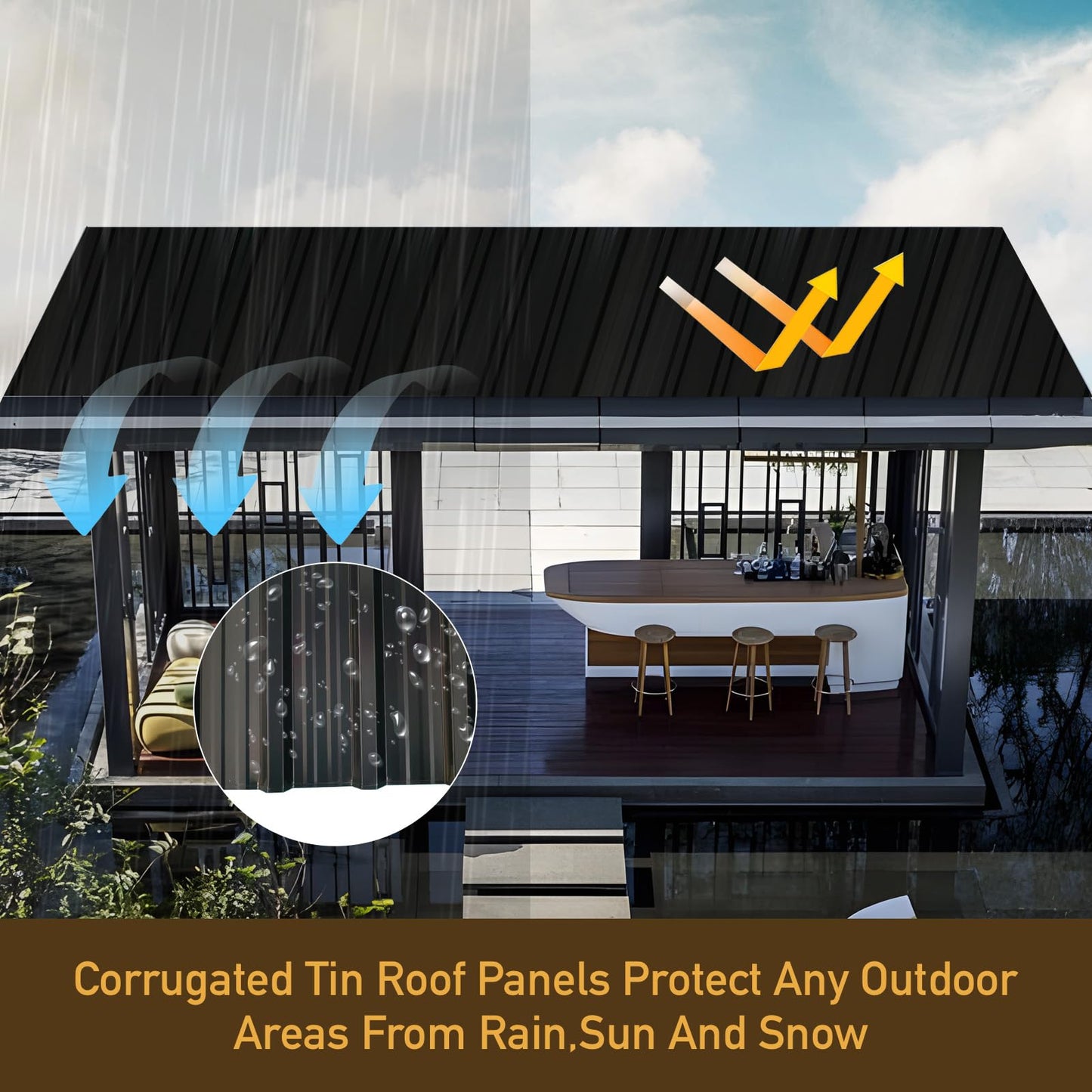 Metal Roofing Panels 20 pcs (105ft²),L42.52×W17.72 Heavy-Duty Galvanized Steel Roof Panels with Steel Screws for Garages, Sheds, Stables, and Mobile Homes (Black, 20pcs/L42.52)