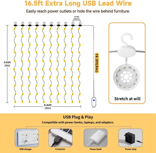 HXWEIYE 300LED Fairy Twinkle String Lights - 9.8x9.8Ft USB Curtain Lights with Remote & Timer | Warm White