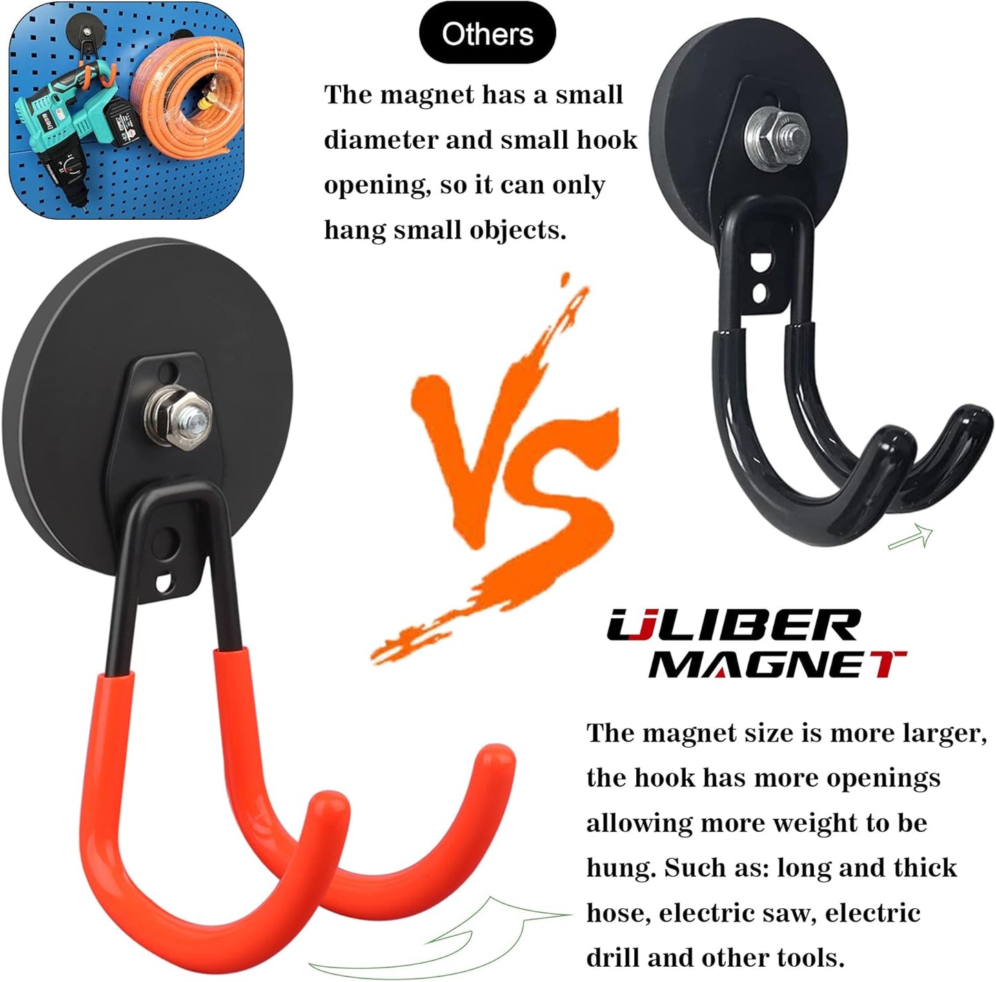 ULIBERMAGNET Heavy-Duty Magnetic Hooks - Strong 3.46-Inch Design for Cables, Tools & More | 2 Pack (Orange)