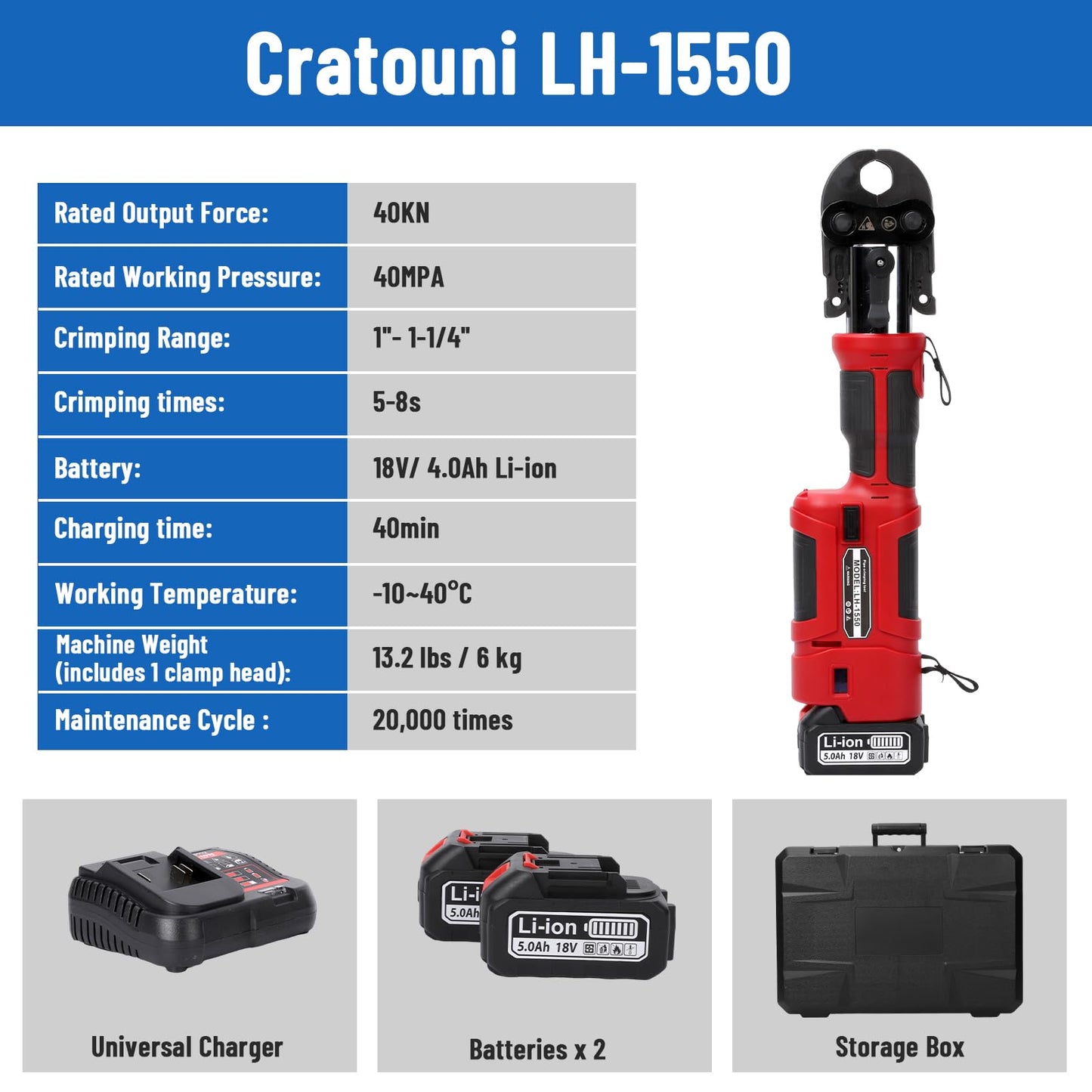 Pro Press Tool,18V Electric Pipe Crimping Tool with 4 Pro Press Jaws 1/2” 3/4“ 1” 1-1/4” US Standard for Copper, 2PCS 4AH Battery, Fast Charger & Carrying Case