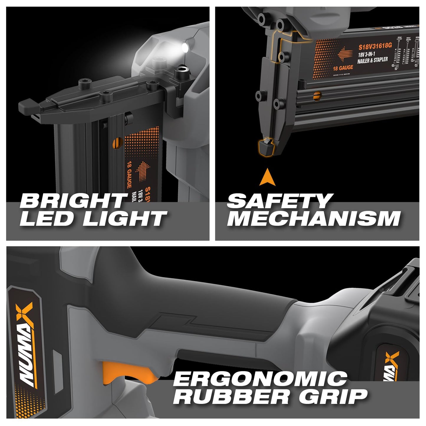 NuMax 18V Cordless 3-in-1 Nail Gun Kit – 2" 16 & 18 Gauge Finish Nailer, Brad Nailer, and Narrow Crown Staple Gun – Includes Battery, Charger & Fasteners – S18V31618G