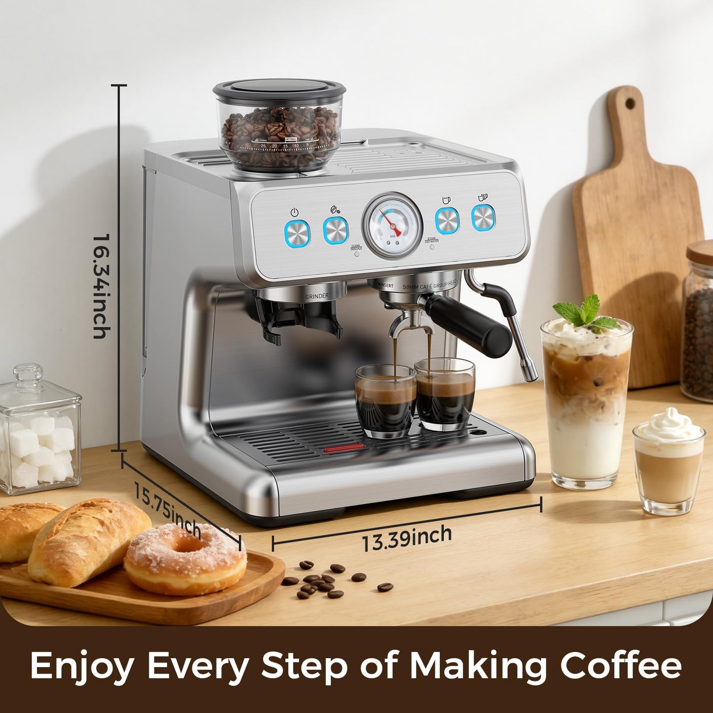 (2026 Upgrade)Electactic Espresso Machine with Grinder, 20 Bar Expresso Coffee Machines, Professional Coffee Maker for Latte & Cappuccino with Milk Frother&Steam Wand,Expresso Machines for Home-Silver