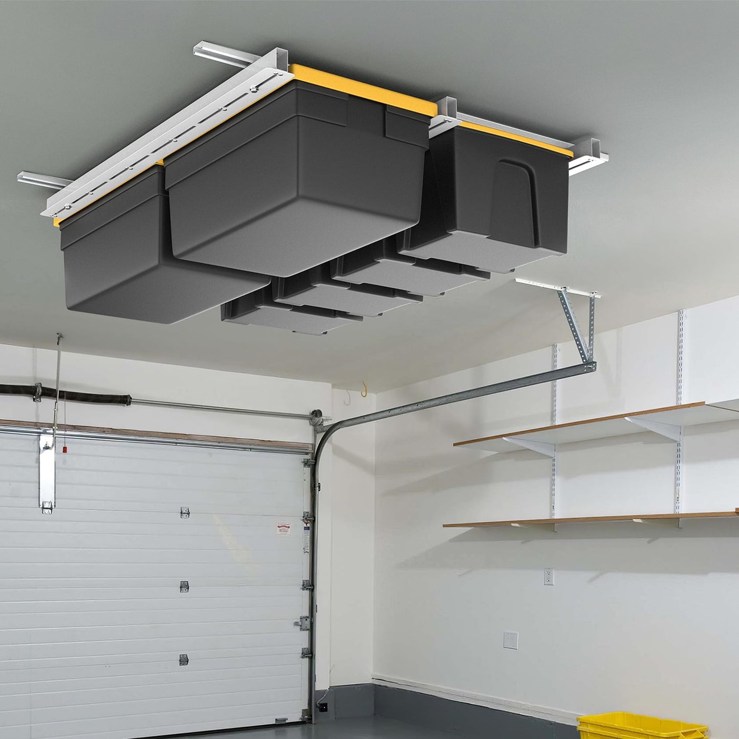 WALMANN Overhead Tote Storage Rail System, Garage Ceiling Bin Storage Rack Heavy Duty Adjustable Tote Slide Rails(White, Bins are not Included)