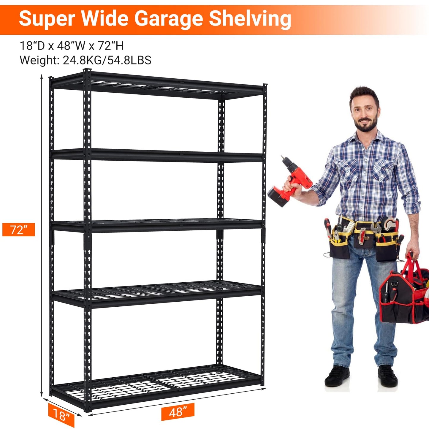 PioneerWorks Garage Shelving, 2500lbs Load Bearing Heavy Duty Storage Shelving, 48x18x72in Adjustable Storage Shelves, Durable Metal Storage Shelves, Easy Assemble for Garage, Kitchen