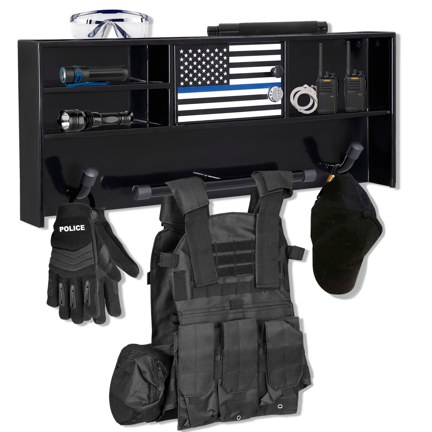 BUYYAH Wall Mounted Police Gear Rack, All Iron Frame with Gun Storage, Combination Lock, Tactical Duty Gear Rack for Home, Office, Police Gift Decor with Flag, Black