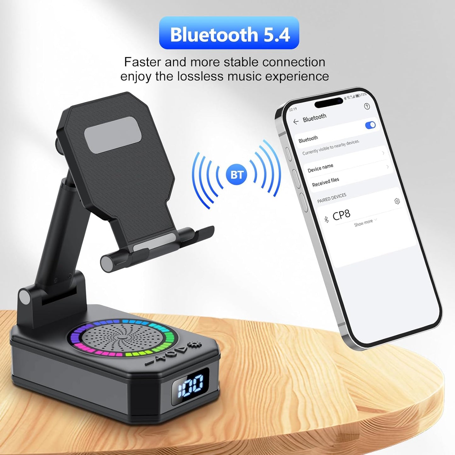 buwy 8 Gifts for Men Women, Cell Phone Stand with Wireless Bluetooth Speaker and RGB Ambient Light, Anti-Slip Base HD