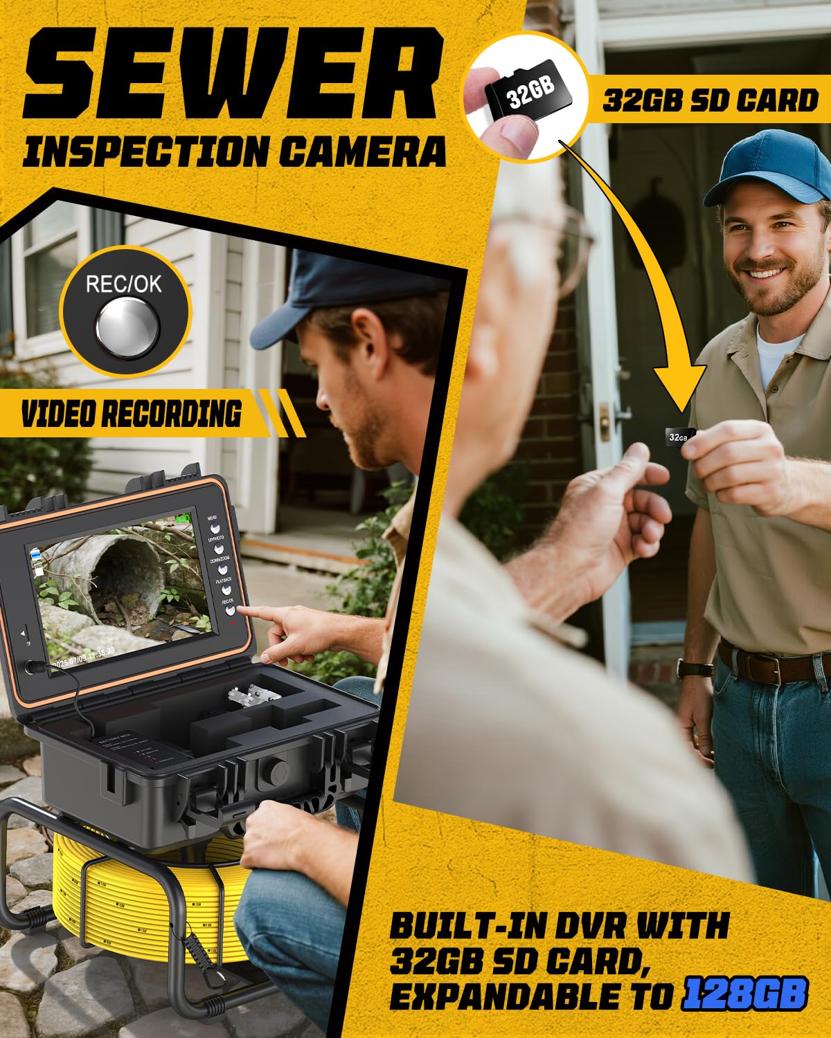 Anysun 9'' Sewer Camera Self Leveling, Length Marker, 5100mAh, IPS Screen, HD 1080P with DVR - 32GB, IP68 Sewer Pipe Cam, Sewer Scope Pipe Drain Plumbing Inspection Cameras Borescope Snake (100Ft/30M)