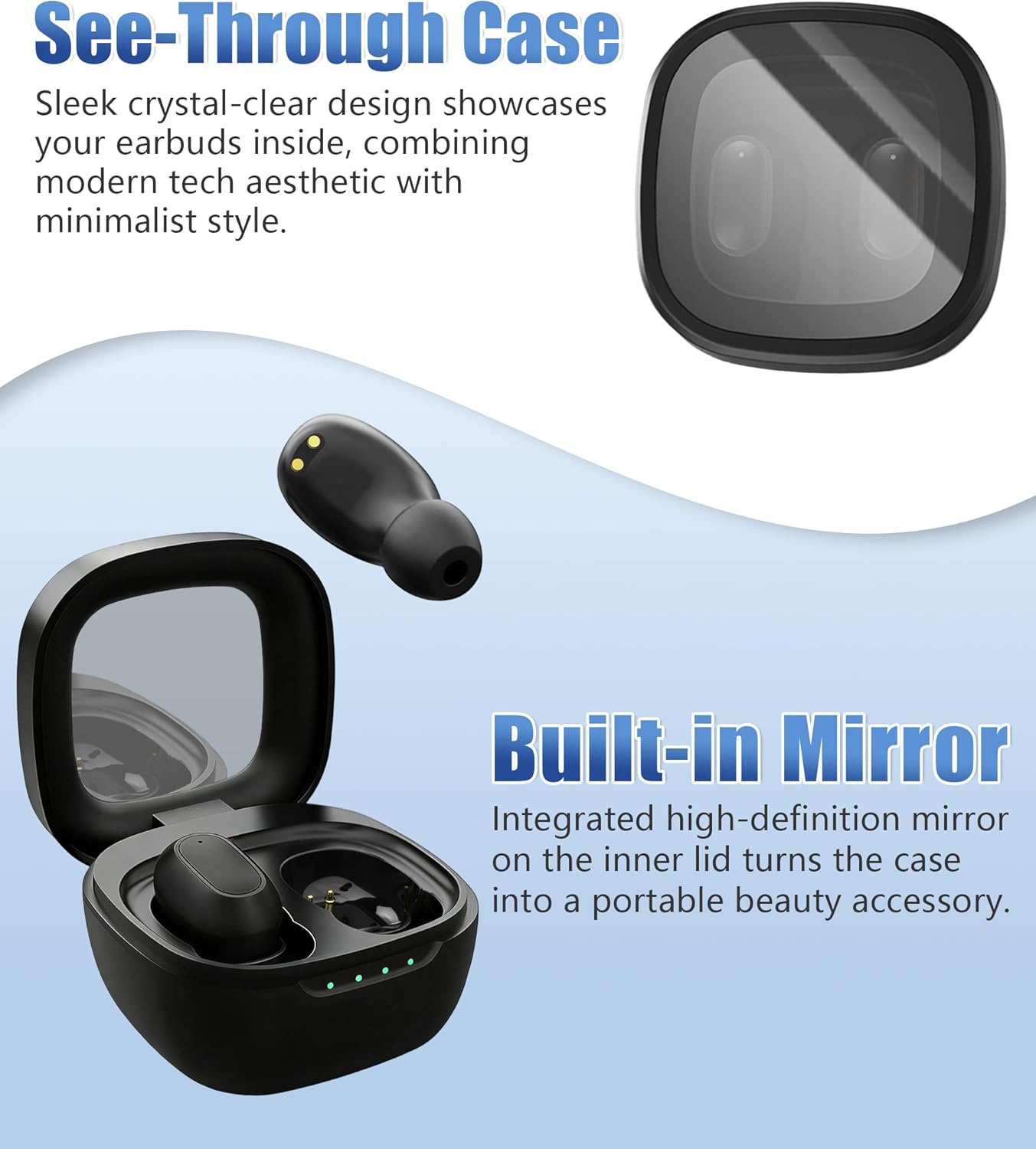 STUPIDYIN 5.3 30H IP54 Wireless Earbuds, Bluetooth Headphones with Semi-Transparent Case, Playback LED Power Display