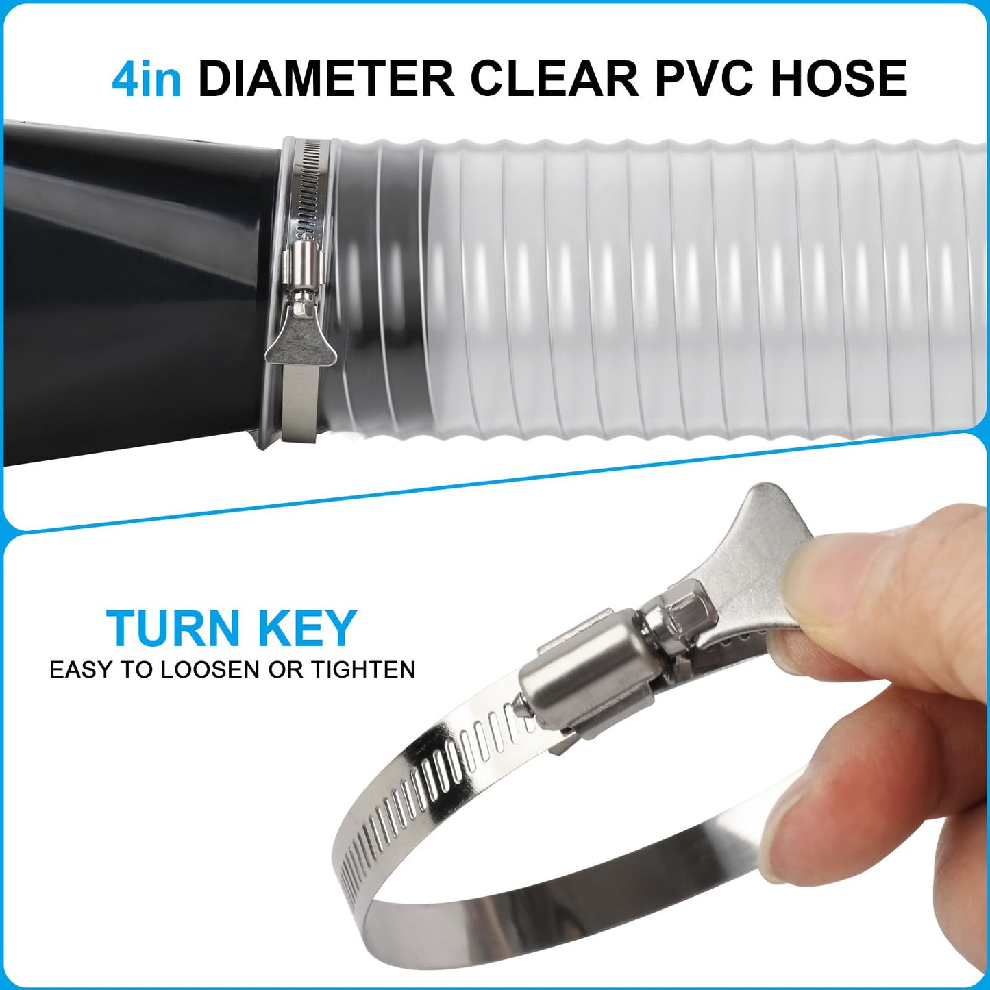Elecoman 4" x 50' Heavy PVC Dust Collection Hose,Flexible Clear Debris and Fume Collection Hose with Stainless Steel Hose Clamps for Dust Collectors with 4" Ports, Ideal for Shop Vacuums