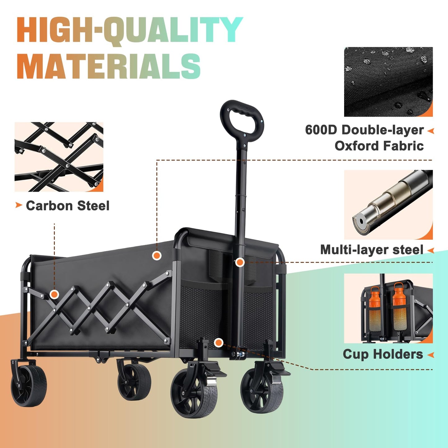 360lbs Foldable Wagon Cart Collapsible - Heavy Duty All-Terrain Portable Lightweight Folding Utility Carts with Wheels, Large Capacity Portable Grocery & Beach Trolley for Shopping, Camping and Sports