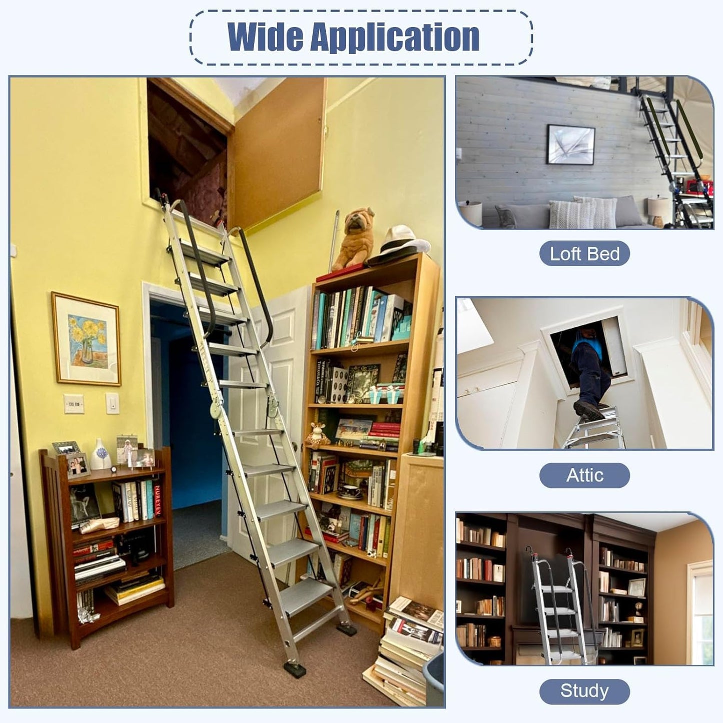 Foldable Aluminum Loft Stairs Ladder 8.5ft / 9ft / 9.5ft / 10.5ft / 11.5ft, Heavy Duty Bunk Bed ladders with Handrails & Hooks, 10 Step Attic Ladder for Small Opening, Load 330 lbs