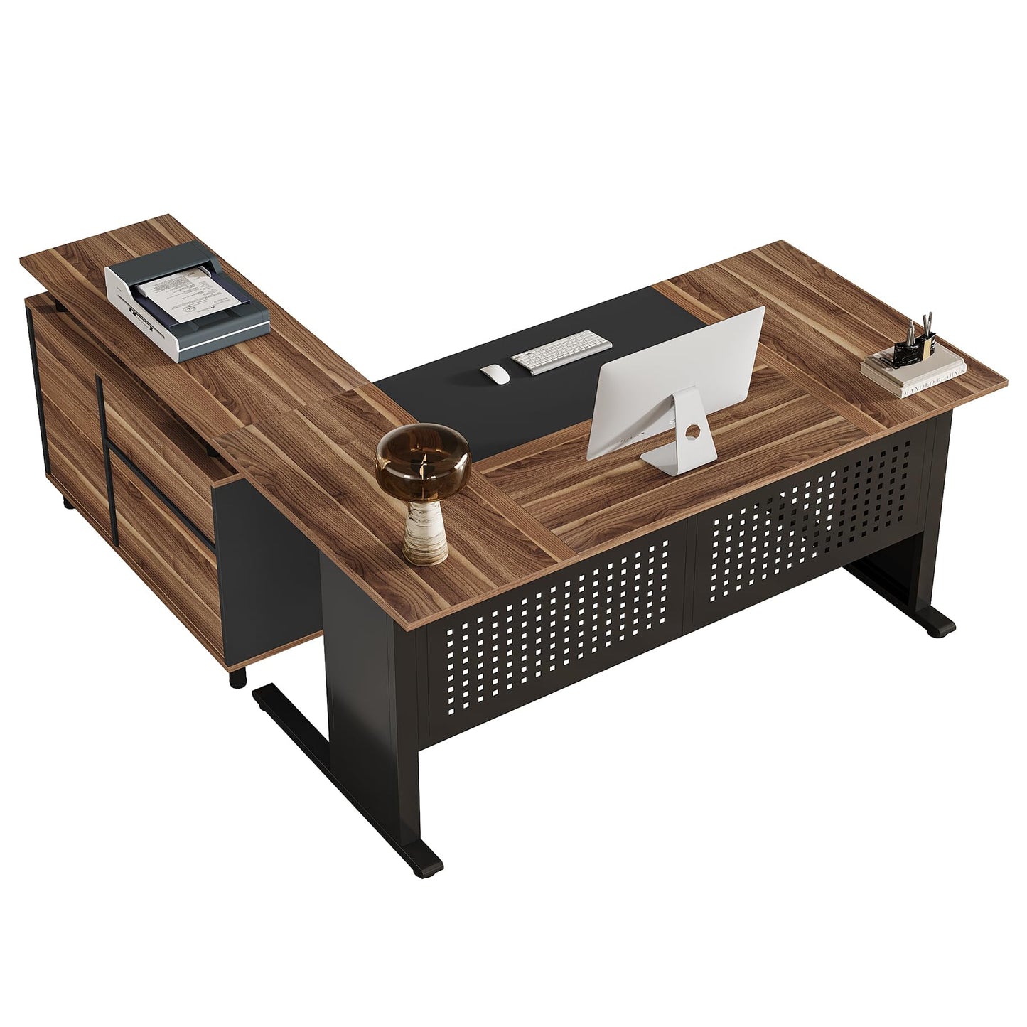 Tribesigns 63-Inch L-Shaped Executive Desk with Storage Shelves, Large Office Computer Desk with Drawers and File Cabinet, Industrial Business Workstation for Home Office, Brown and Black