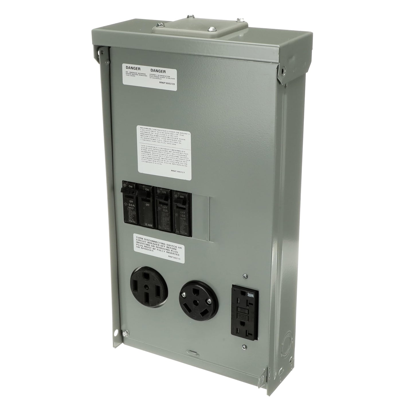 MIDWEST U075CTL010 • Weatherproof RV Power Centre • 100A Twin Lugs • Unmetered N3R Power Supply • Surface Mounted • 10kAIC • 50A/30A/20A breakers with 14-50RWR • TT-30RWR • 5-20R2GFCIWR Receptacles