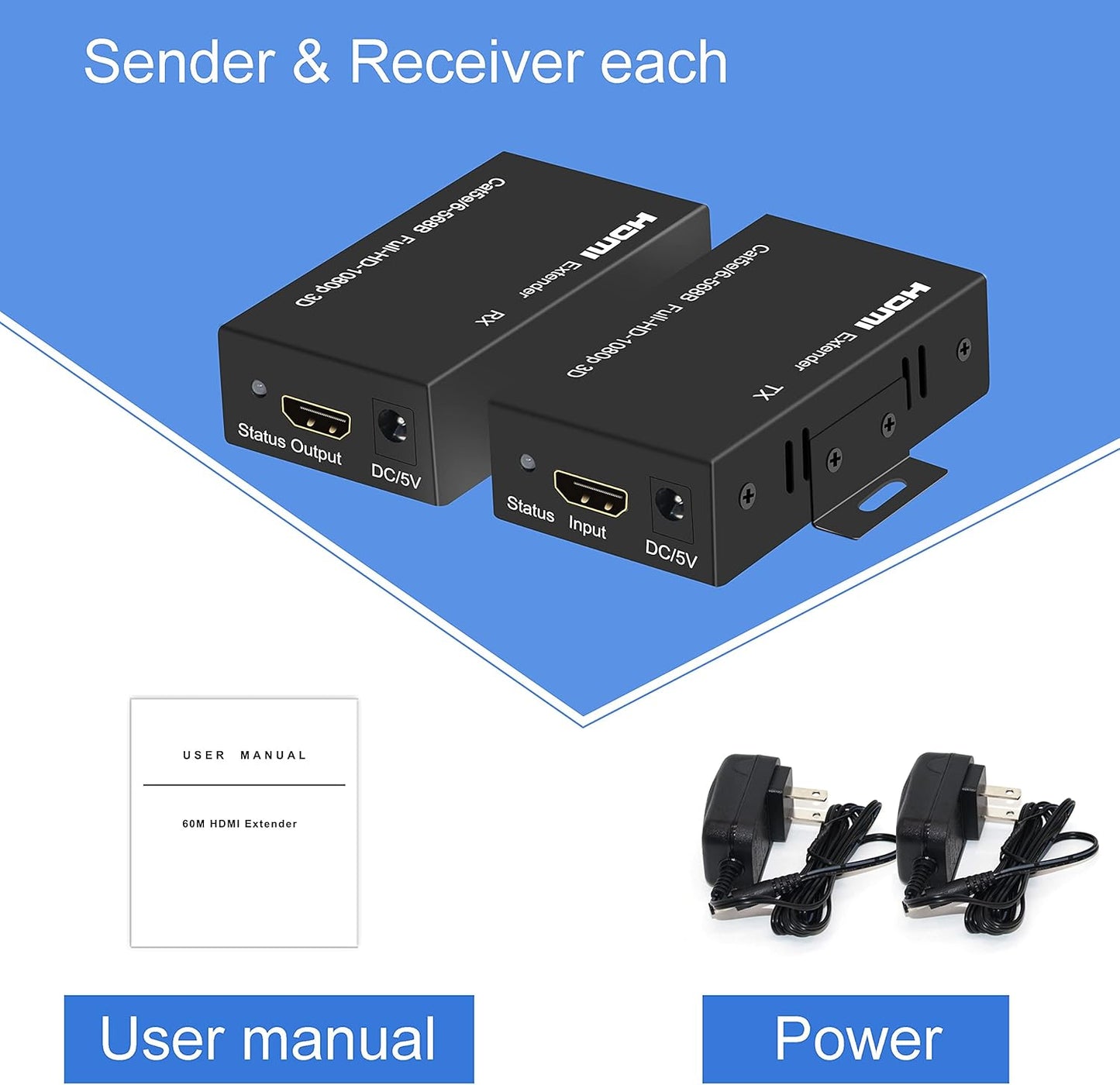 Cat5e/6/7 1080p 196ft 3D HDMI Extender Over Ethernet Up to HDMI Balun Sender Transmitter Receiver Support EDID and POC