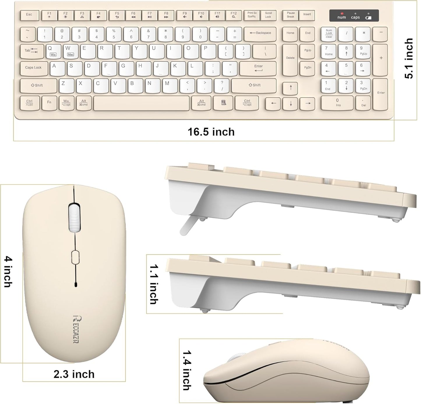 RECCAZR 2.4GHz Silent Wireless Keyboard and Mouse Combo, Full-Sized Wireless Keyboard and Adjustable DPI Mouse, USB