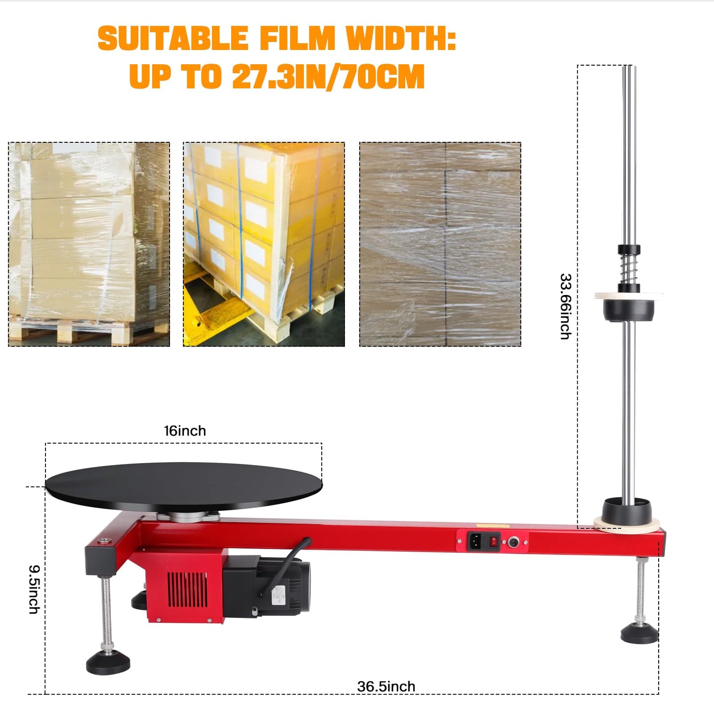 Helivivfy Electric Stretch Film Wrapping Machine, T-Shaped Design High-Efficiency Labor-Saving with 15.7in Auxiliary Turntable and Foot Pedal Switch