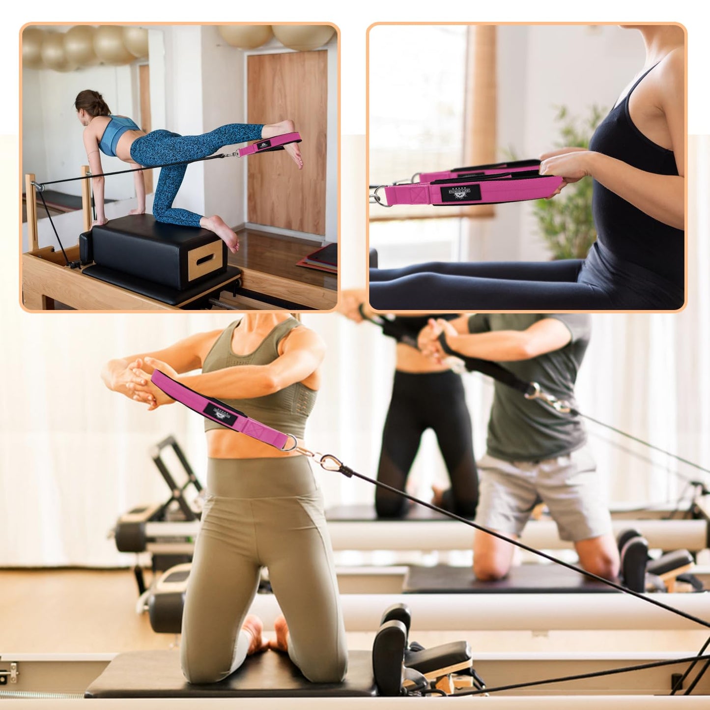 Lights Mountain Durable Pilates Double Loop D-Ring Straps - Padded Handles for Reformer, Yoga & Home Gym Workouts (Pink M)
