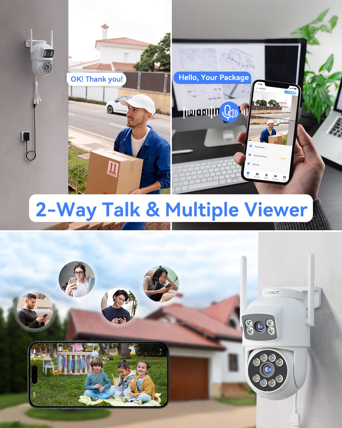 VORGUT Security Camera System Wireless Outdoor with 12" Monitor, 4pcs 2K Dual Lens Cameras for Home & Business Surveillance, 360° PTZ, 2.4G/5G WiFi, Human Detection, Auto Tracking, 16CH NVR, 500G HDD