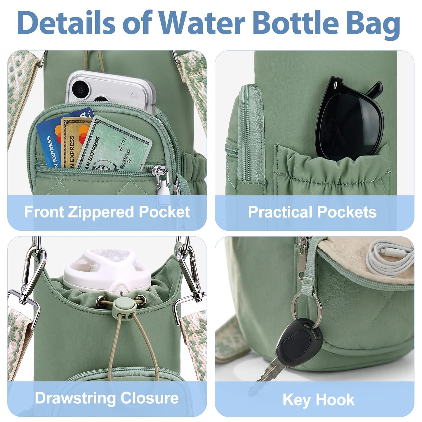 Fiiuos Crossbody Water Bottle Bag for Women, Lightweight Insulated Water Bottle Carrier with Phone Pocket, Secure &Hands-Free for Walking, Travel, Outdoor (Up to 40oz) Antique Green
