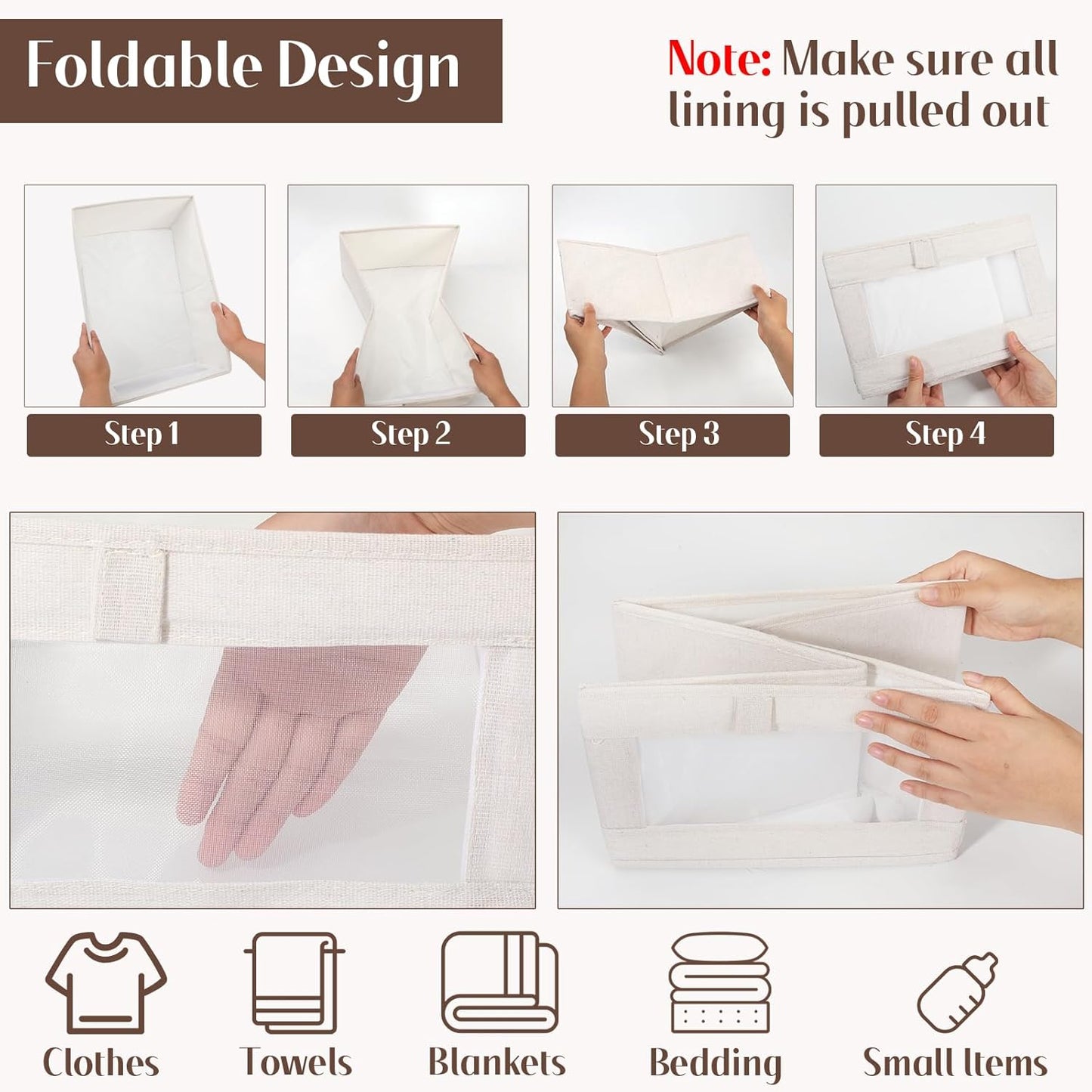 VZZNN Linen Closet Organizers - 4 Pack Foldable Storage Bins with Clear Window | Beige