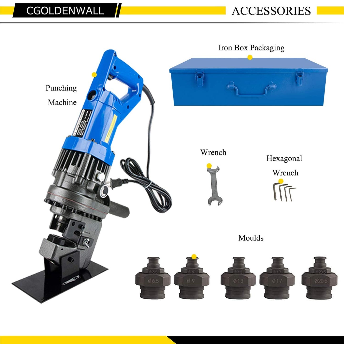CGOLDENWALL 1300W Hydraulic Hole Punch Electric Hydraulic Hole Punching Tool Hole Digger for Steel Plate Iron Plate Aluminum Plate CE&ROHS Certificate with Pedal 110V