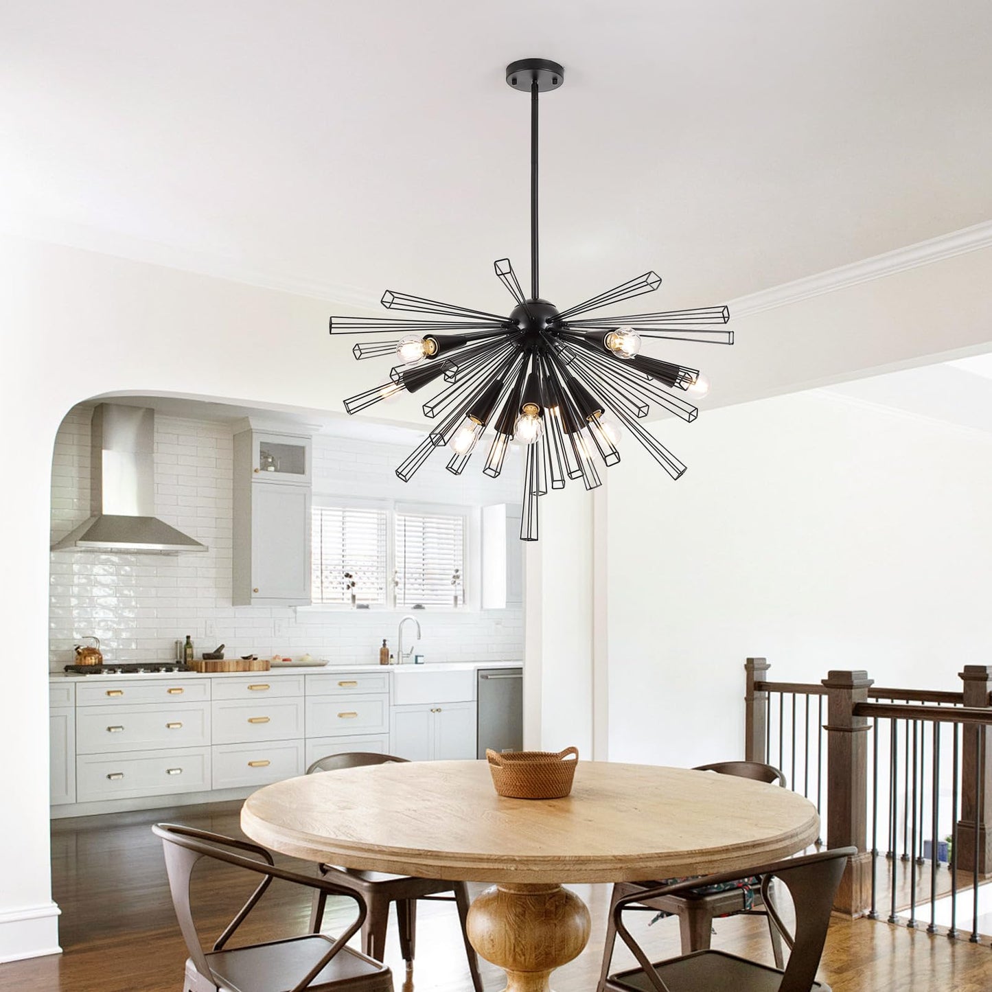 9MMML Black 10-Light Sputnik Chandelier, Farmhouse Pendant Light Fixture with 48'' Height Adjustable Hanging Pole, 34'' Large Chandelier for Living Room, Dining Room, Kitchen, Bedroom, E26 Base