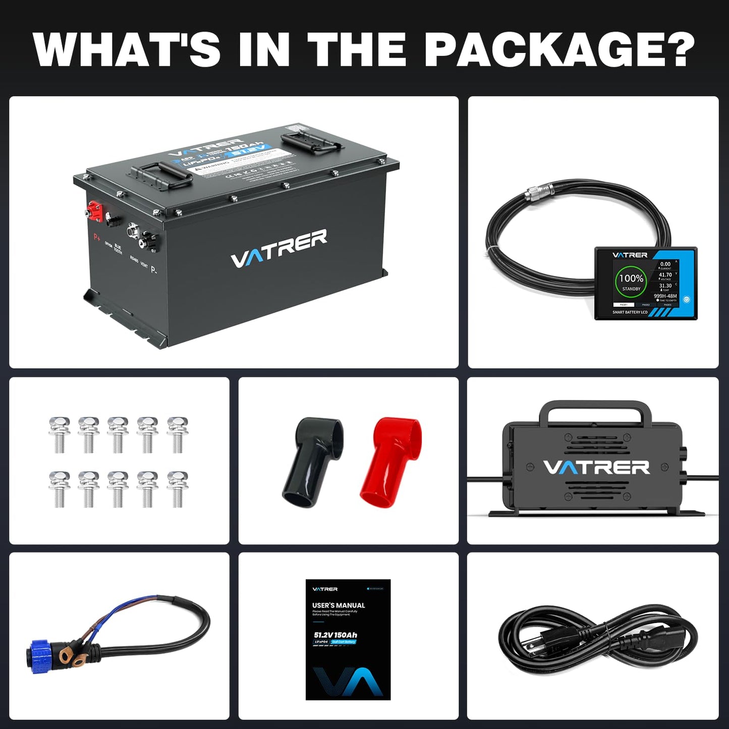 VATRER POWER 48V 150Ah Lithium Golf Cart Battery, Built-in Smart 200A BMS, with Touch Monitor & Mobile APP, 4000+ Cycles Rechargeable LiFePO4 Battery, Max 10.24kW Power Output, Perfect for Golf Carts