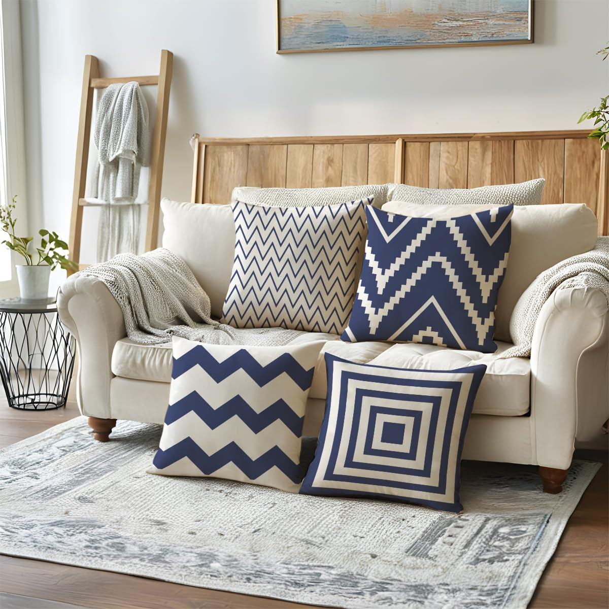 ULOVE LOVE YOURSELF Square Decorative Throw Pillows Cushion Covers Blue Beige Stripes Modern Geometry Print Home Pillowcases 18 X 18 Inch,4 Pack for Sofa Couch