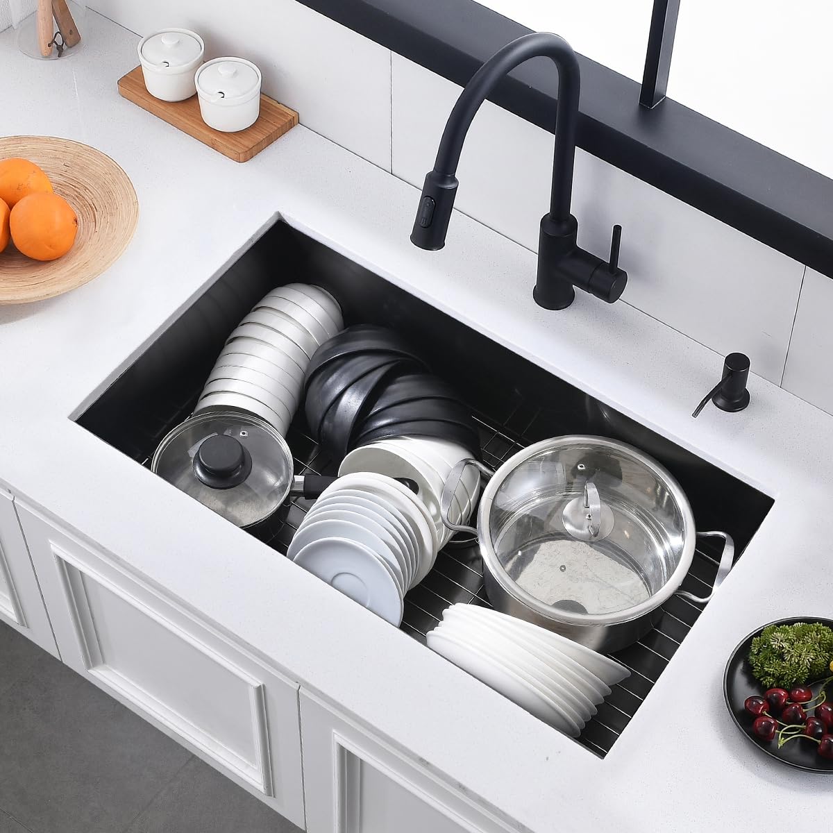30 Black Stainless Steel Undermount Kitchen Sink, Luckyhorse 30" x 17" x 9" 18 Gauge Gunmetal Black Stainless Steel Undermount Kitchen Sink LH025SQ
