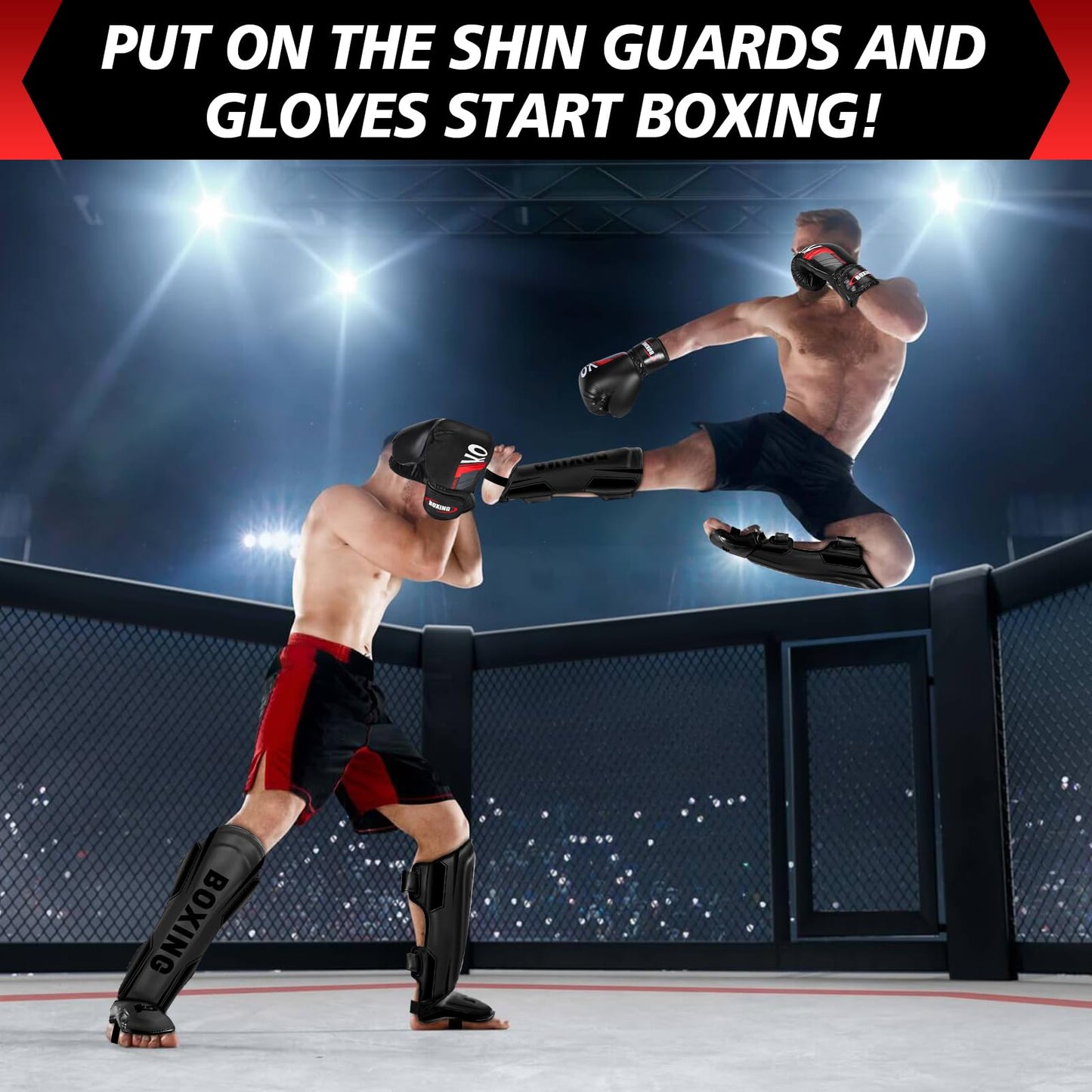 Kickboxing Shin Guards Muay Thai Shin Pads with 16 OZ Boxing Gloves, Adjustable Leg Guards with Instep Protection Shinguards with Workout Gloves Martial Arts Training Equipment for MMA Training(M)