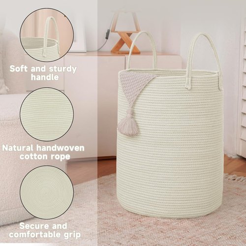JMvicyroam Large Woven Laundry Basket - 60L Cotton Rope Storage Bin for Blankets, Toys & Clothes | White