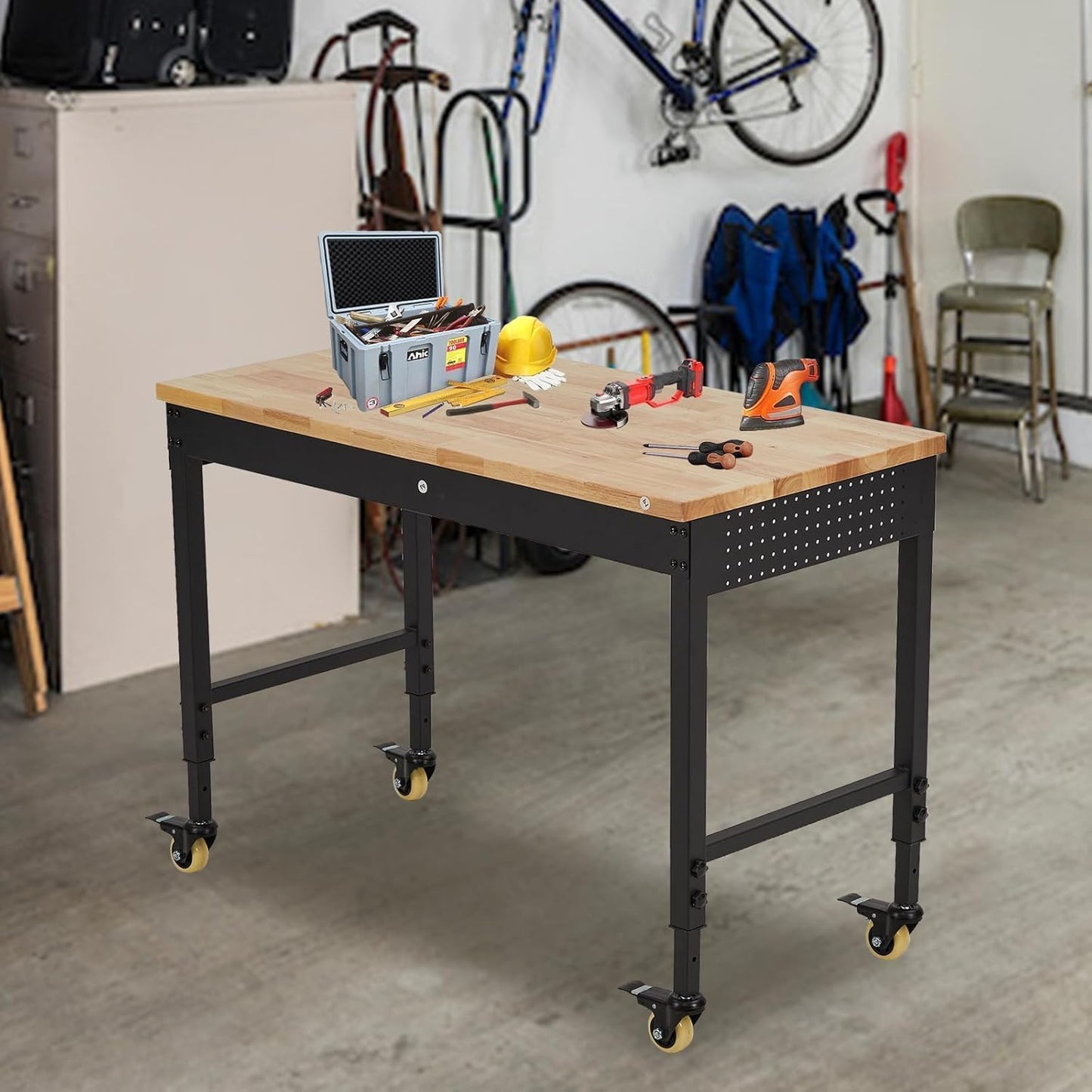 60" Adjustable Workbench with Wheels, Heavy Duty Mobile Work Table, 2000LB Capacity, Hardwood Top, Power Outlets, Rolling Garage Workbench for Workshop, Craft, Office