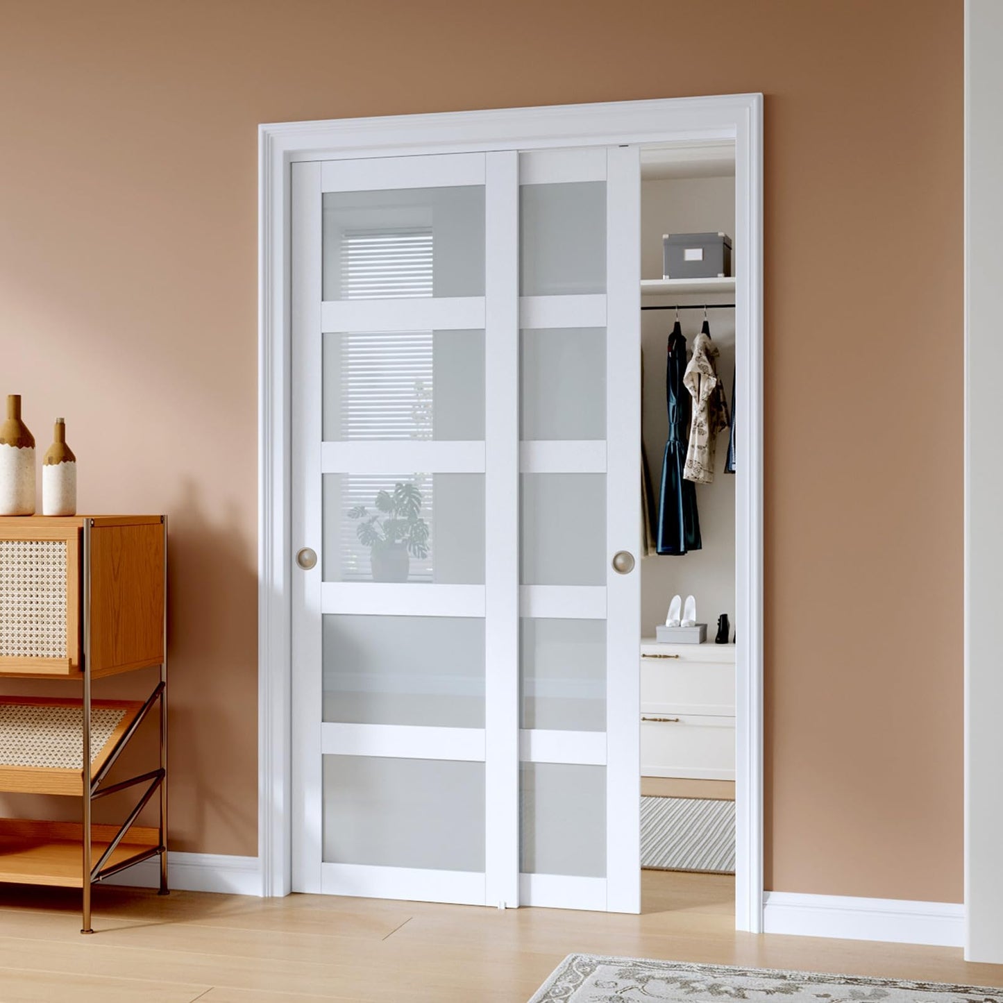 EaseLife 48"x80"(Double 25"x80") Sliding Closet Door,5-Lite Frosted Glass Bypass Sliding Door with Hardware Kit,Solid MDF Wood Slab & Water-Proof PVC Surface,White