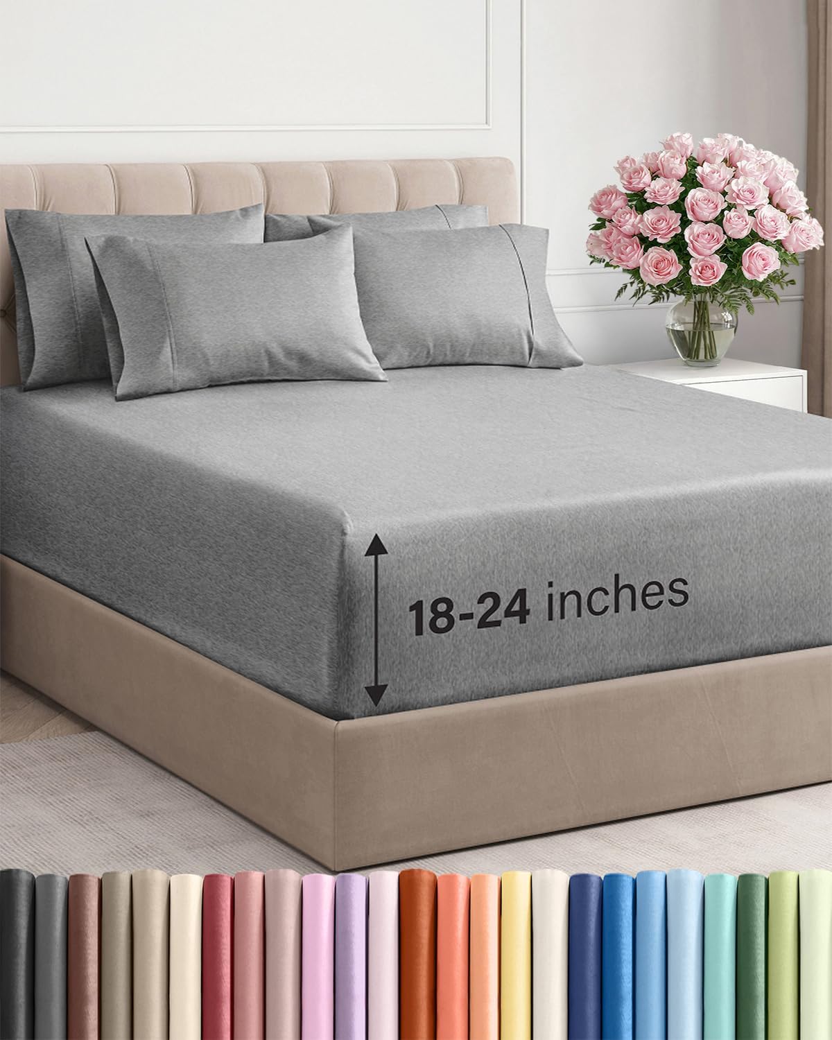 Skiennix Extra Deep Full Sheet Set - 6 Piece Breathable Cooling Sheets - Hotel Luxury Bedding - Soft Wrinkle-Free Heathered Grey