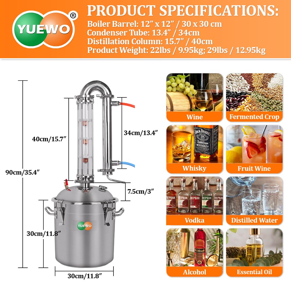 YUEWO Alcohol Still 5.8GAL/13.2GAL Stainless Steel Alcohol Distiller Home Brewing Distillery Kit with 2” Crystal Still Column for DIY Whisky Wine Brandy Gin Vodka Alcohol Making