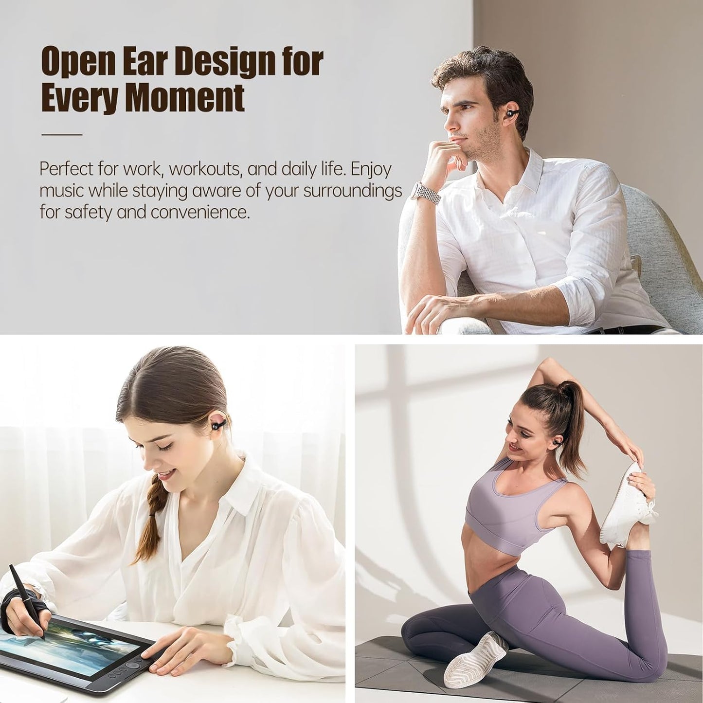 Fhumsh 5.4 40H Commuting Open Ear Headphones, Bluetooth Clip On Headphones, Playtime Wireless Stereo Earbuds with LED