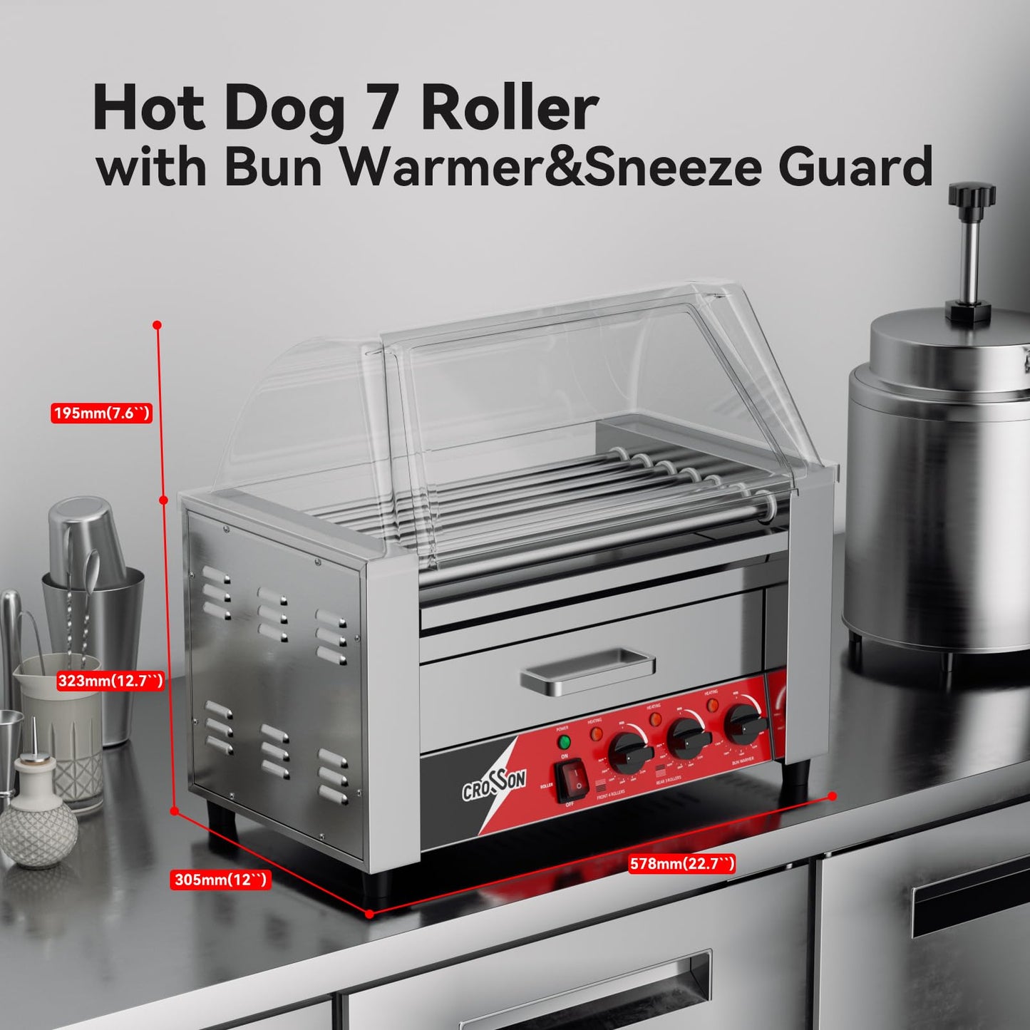 CROSSON Hot Dog 7 Roller with Bun Warmer&Transparent Sneeze Guard,Commercial 7 Nonstick 304 Roller Grill Cooker Machine