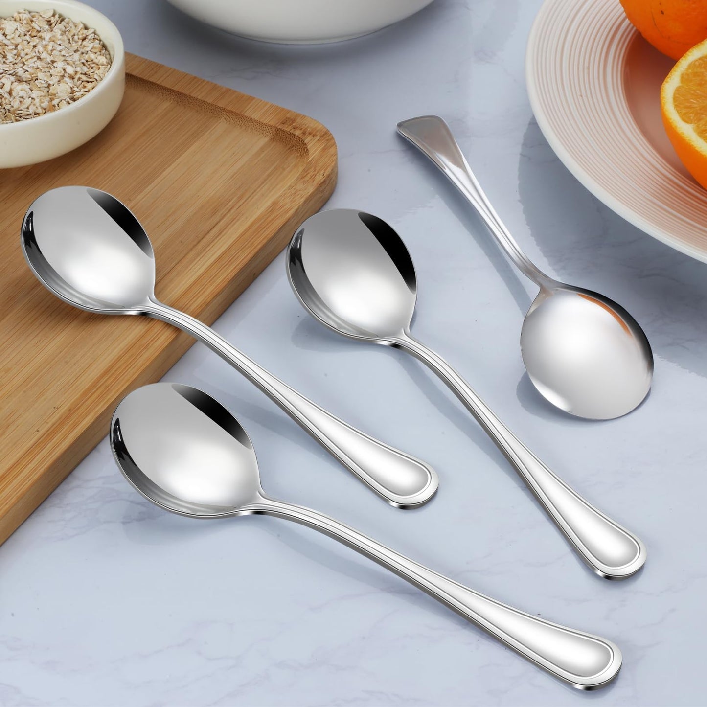 Hunnycook 24-Piece Soup Spoons - Round Spoon, 6.9 Inch Stainless Steel Korean Spoons for Soup, Cereal, Dessert, Dishwasher Safe & Line Pattern