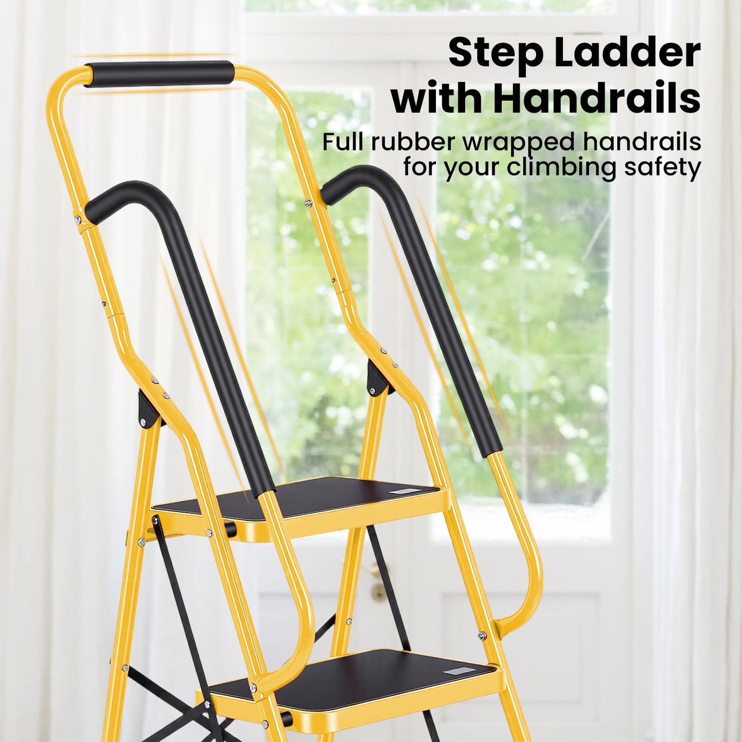 Step Ladder 4 Step Folding with Handrails, Sturdy Steel Portable Ladder, Folding Step Stool with Wide Anti-Slip Pedal, Lightweight Step Stool Foldable for Library Home Garage Office,Yellow