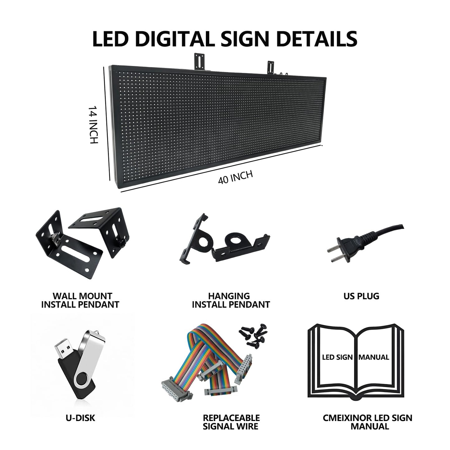 P10 Outdoor/Indoor Programmable LED Sign, 4000CD/㎡ High Brightness Scrolling Display, WiFi Control, Customizable Message Board for Business Advertising, Restaurants, Stores, Bars 40"x14"
