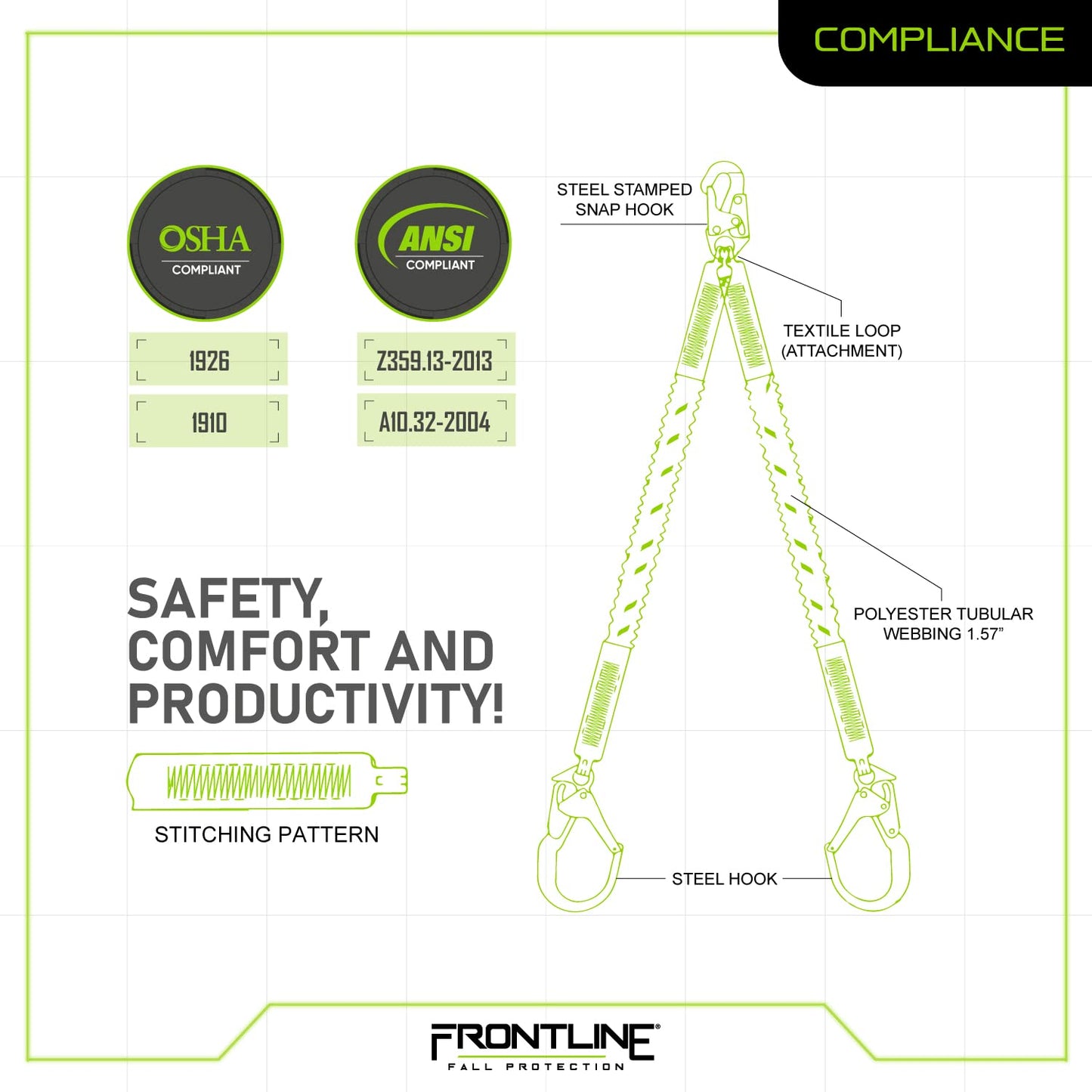Frontline LIS62RA Elastic Double Leg 6' Lanyard with Aluminum Rebar Hooks | Twin Lanyard 1 Snap Hook and 2 Rebar Hook Ends | ANSI & OSHA Compliant Fall Protection | 6000 lbs. Min. Breaking Strength
