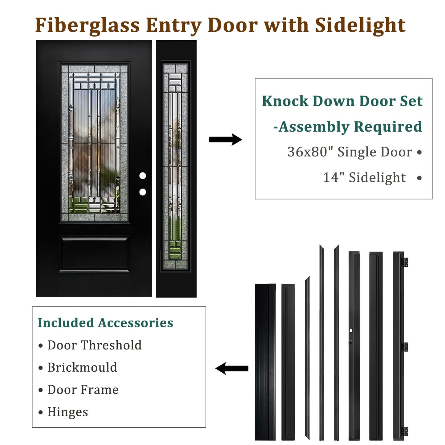 53x80in Fiberglass Front Entry Door with 14in Sidelight, Black Exterior Door for Home, Left-Hand Inswing, Textured Finished with Decorative Glass Knock-Down Door, Vinyl Frame and Brickmould Included