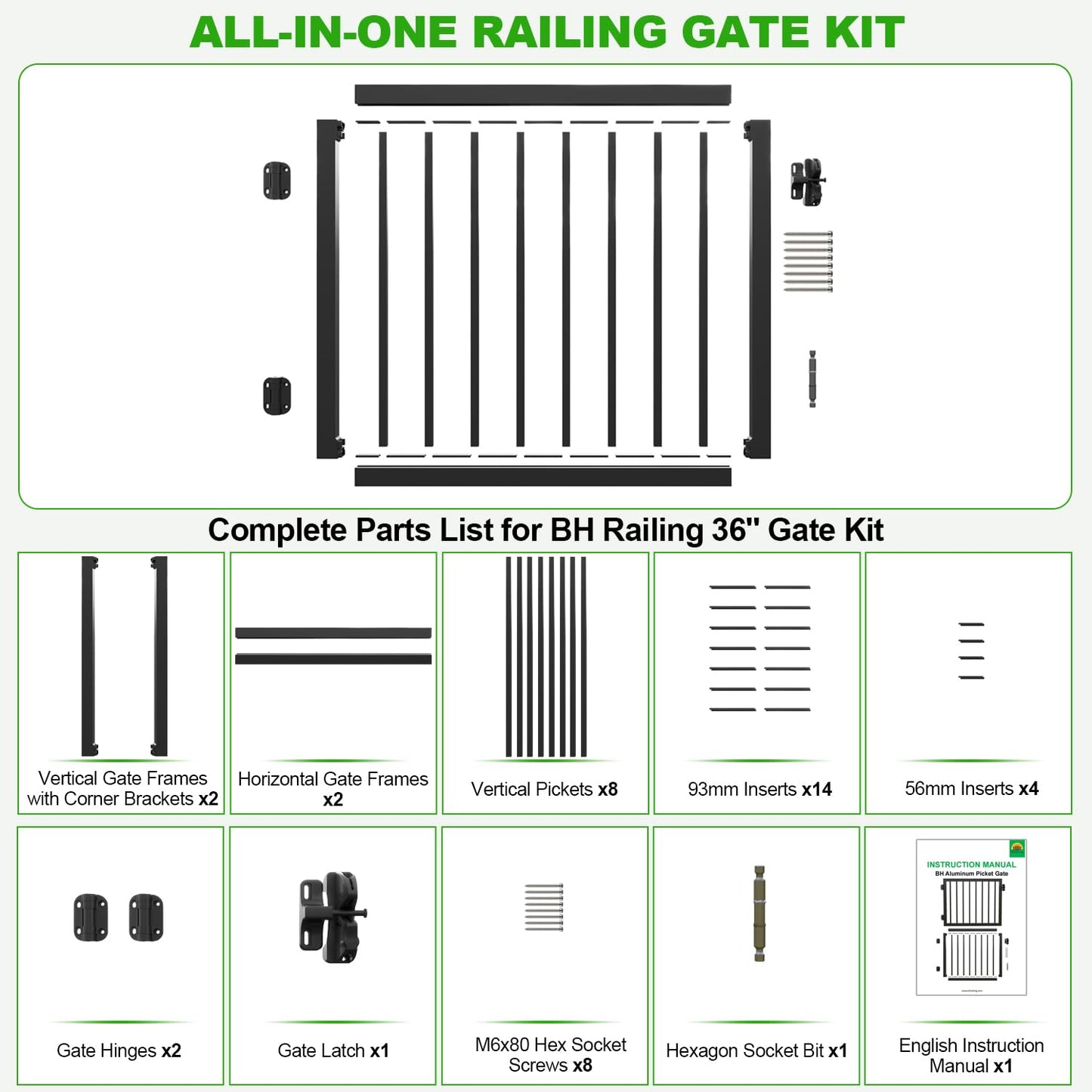 BH Railing 36" H x 40" W Heavy Duty Aluminum Picket Gate Kit – Modern Minimalist Design, AAMA 2604 Powder-Coated Textured Black, Rust & Corrosion Resistant, Maintenance-Free, Easy Installation