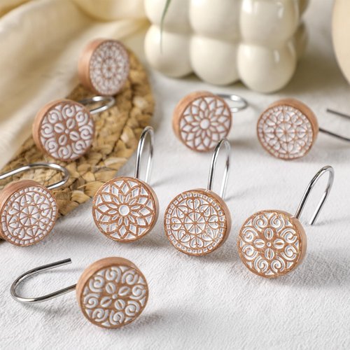 BreezeHug 12pcs Boho Shower Curtain Hooks Decorative Shower Curtain Hangers for Bathroom Rod Resin Round Rings with Brown Floral Pattern, Waterproof