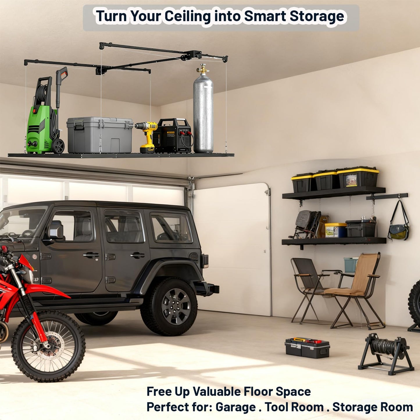 Overhead Garage Storage Lift-4x8 FT Overhead Garage Storage Rack, with Safety Lock, Heavy-Duty Adjustable Ceiling Storage 325 lbs Capacity Suitable for Tools Kayaks Ladder Storage Racks(Black)